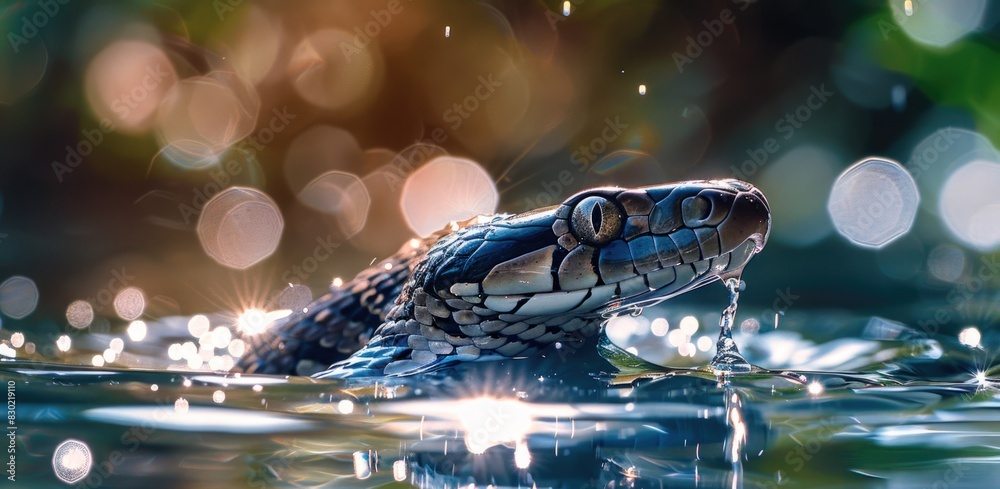 Naklejka premium Snake diving into water, closeup view of snake in water with water splashes