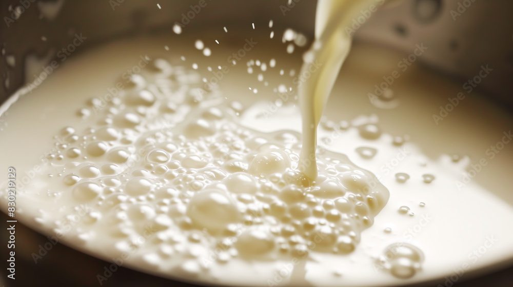 The process of pouring fresh milk into a large metal container. The freshness of the milk is emphasized by the bubbles that form. Close-up The process of pouring fresh milk into a large metal container. The freshness of the milk is emphasized by the bubbles that form. Close-up