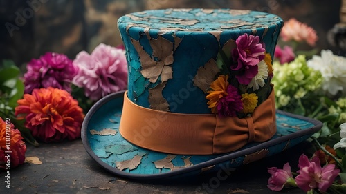A close-up of a colorful, cracked old top hat surrounded by fanciful flowers. Background with a Mad Hatter mood
