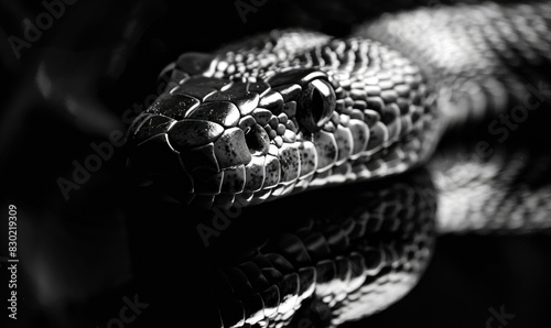 Black and white portrait of the snake, closeup