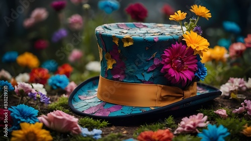 A close-up of a colorful, cracked old top hat surrounded by fanciful flowers. Background with a Mad Hatter mood