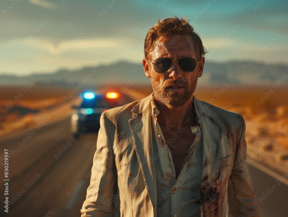 Man in Desert with Bloodstains and Police Car in the Distance Man in Desert with Bloodstains and Police Car in the Distance