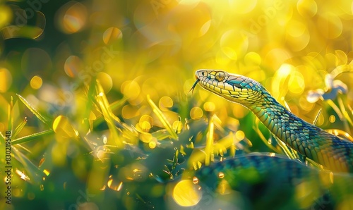 Snake in sunlit grass closeup view photo