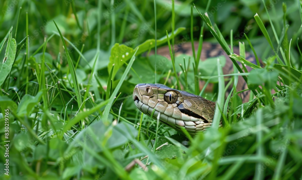 Fototapeta premium Snake partially visible in thick grass