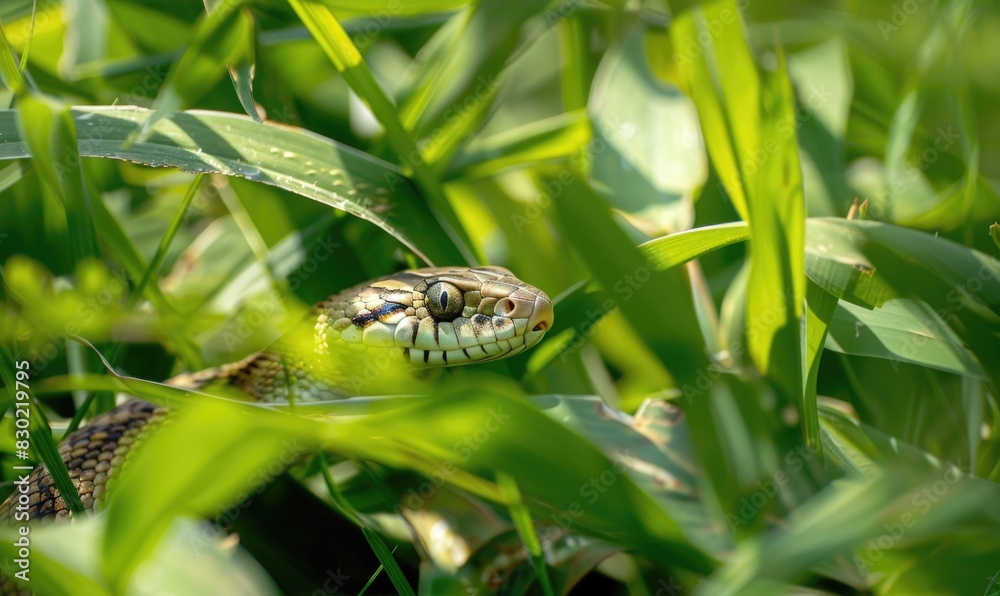Naklejka premium Snake partially visible in thick grass