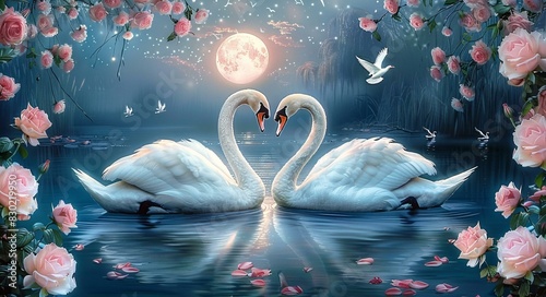 Fototapeta Naklejka Na Ścianę i Meble -  A beautiful painting of two swans in love under the moon at night, with a blue sky and pink flowers in the background.