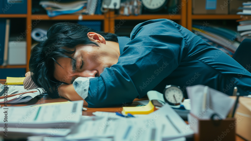 オフィスで仕事に疲れて居眠りするビジネスマン オフィスで仕事に疲れて居眠りするビジネスマン