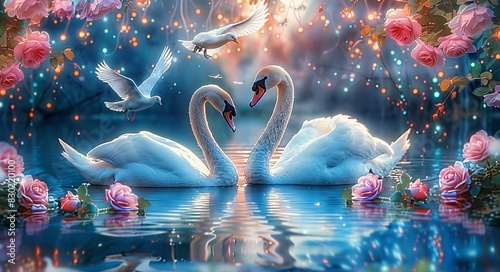 Fototapeta Naklejka Na Ścianę i Meble -  A painting of swans in a pond with hearts in their necks and other birds flying around them.