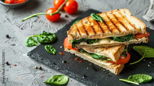 A grilled cheese sandwich with spinach and tomato on a concrete background.

 photo