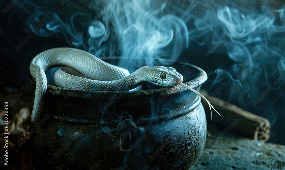 White snake on cauldron with steaming potion