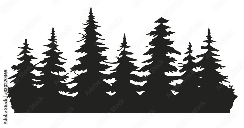 Obraz premium Tranquil and peaceful enchanted forest silhouette minimalist design with black and white nature landscape illustration and vector graphic of woodland trees and ecofriendly flora