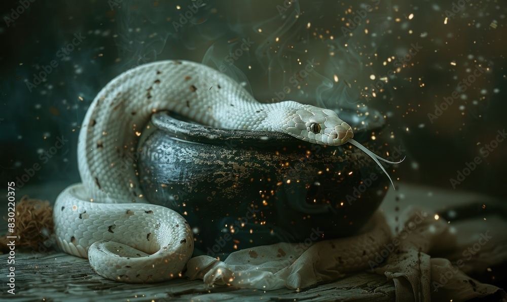 White snake on cauldron with steaming potion White snake on cauldron with steaming potion