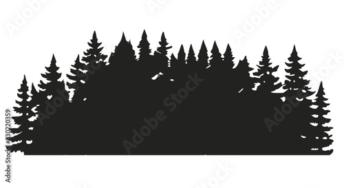 Forest silhouette for design of nature landscape or wood background. Natural tree plant or pine, spruce, fir