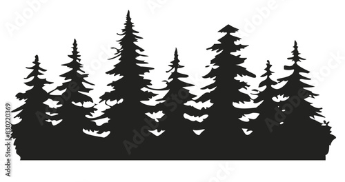 Tranquil and peaceful enchanted forest silhouette minimalist design with black and white nature landscape illustration and vector graphic of woodland trees and ecofriendly flora