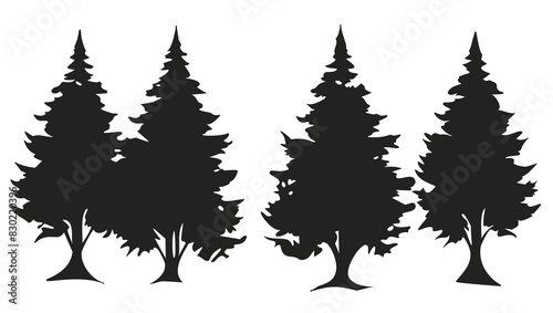 Stylized vector illustration of majestic forest silhouettes in a tranquil natural environment with evergreen pine trees and coniferous woodland, set against a serene black and white background