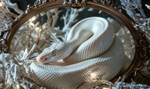 White snake with enchanted mirrors, reflections of magic, ethereal light, studio light, evening, f/8 --ar 5:3 Job ID: 49437f2c-6e40-4659-9db3-a1cbe7a0e9f5 photo