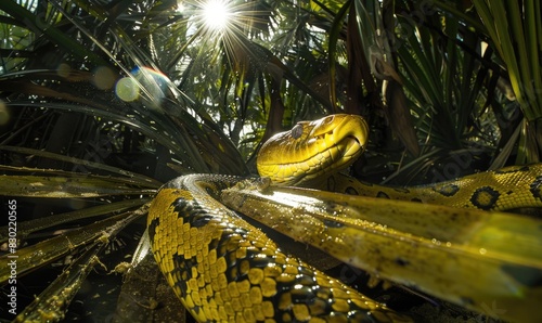 Yellow anaconda on palm fronds photo