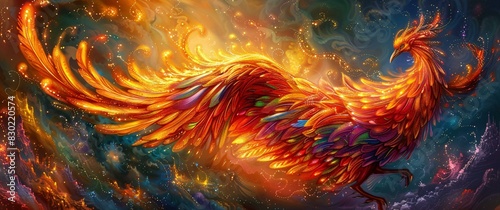 A fiery dragon with orange and yellow flames flying through the sky.