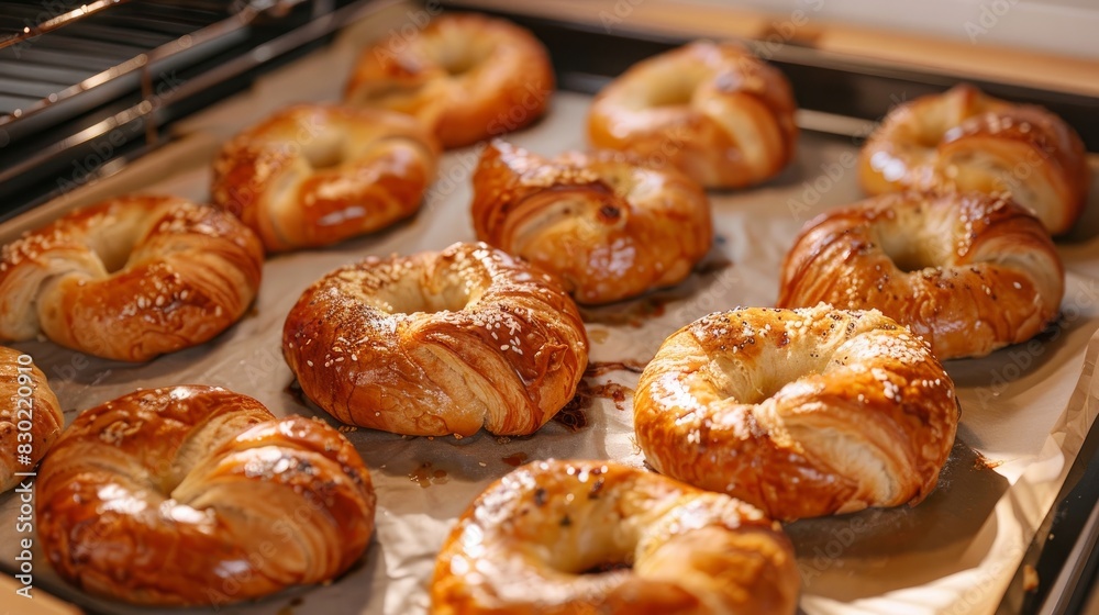 Oven-baked croissants on a baking sheet with parchment paper.

