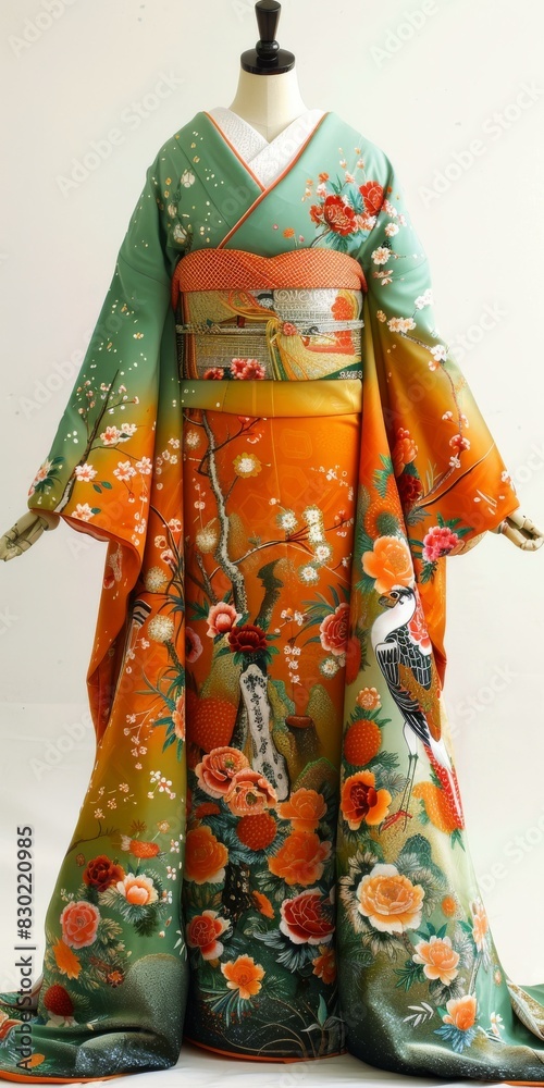 A kimono with a pattern of flowers and birds A kimono with a pattern of flowers and birds
