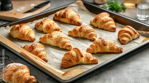 Oven-baked croissants on a baking sheet with parchment paper.

