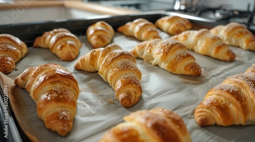 Oven-baked croissants on a baking sheet with parchment paper.

