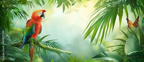 A vibrant parrot with a red head and green body is sitting on a tree branch surrounded by green leaves. The image has a bright and lively atmosphere  with the parrot being the main focus of the scene.