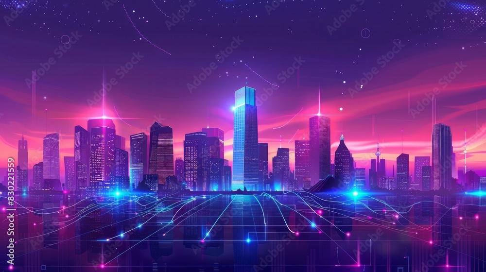 A smart city with a wireless network connection and a sprawling cityscape.

