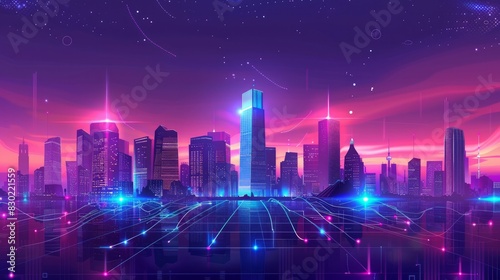 A smart city with a wireless network connection and a sprawling cityscape.  