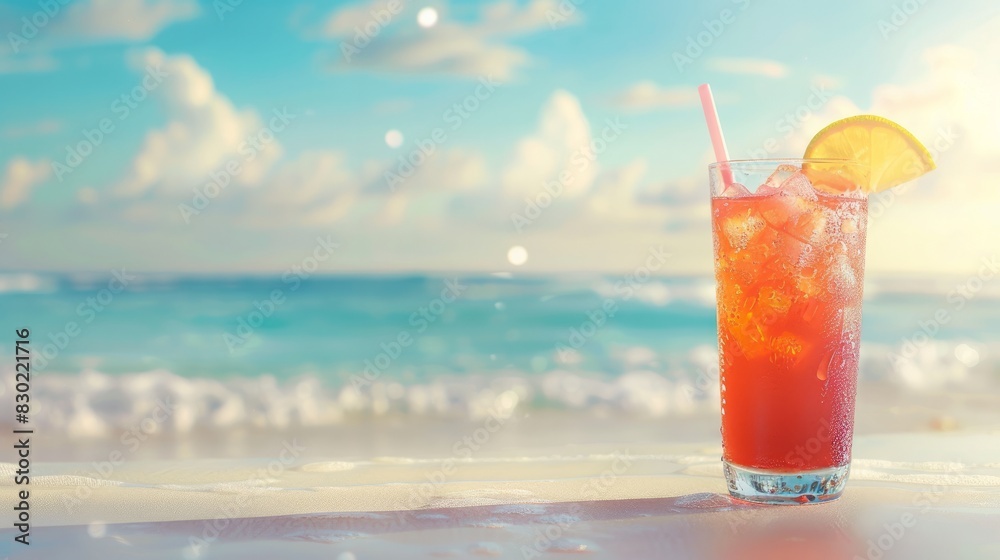 A refreshing summer drink with a blurred beach in the background.
A refreshing summer drink with a blurred beach in the background.
