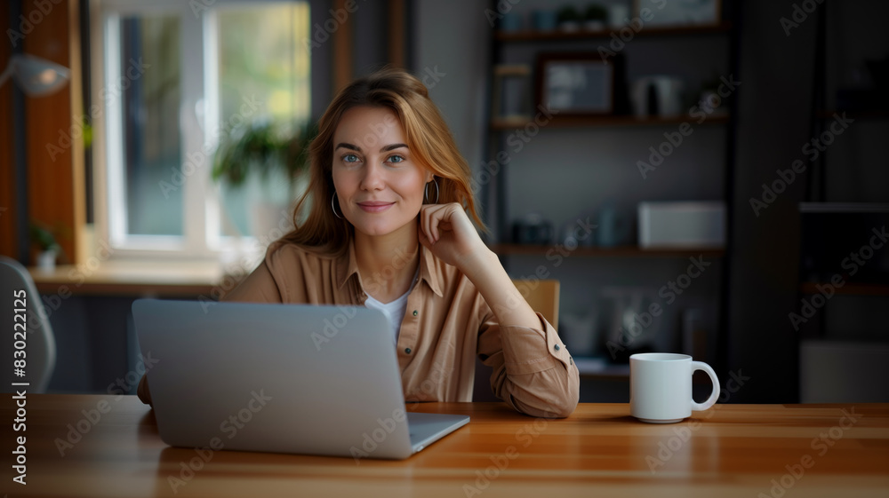 Woman sitting at a table with a laptop and a mug, working remotely in a home setting.
Woman sitting at a table with a laptop and a mug, working remotely in a home setting.