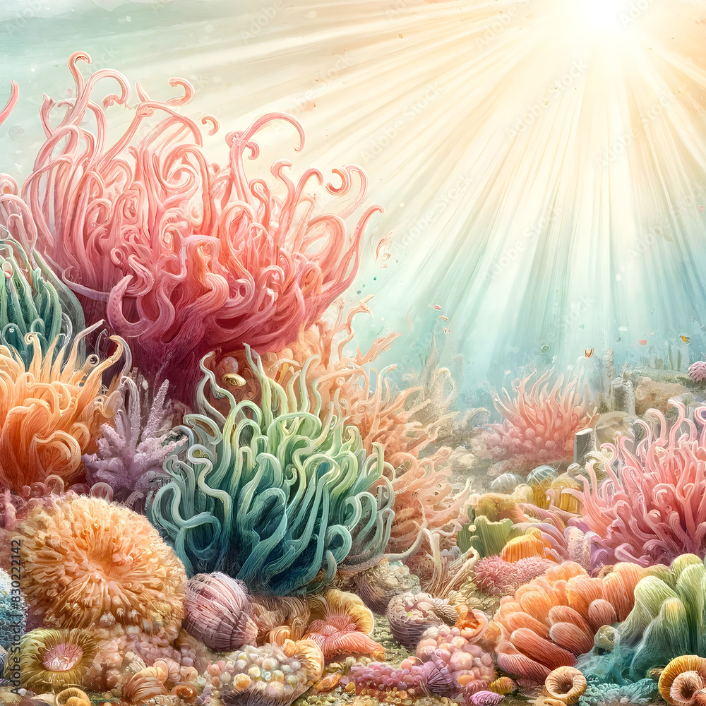 Obraz premium Ein wunderschöne Unterwasserwelt, das eine Korallenlandschaft unter Wasser zeigt. Mit lebhaften, geschwungenen Formen in Pastellfarben und einem strahlenden Lichtstrahl. 