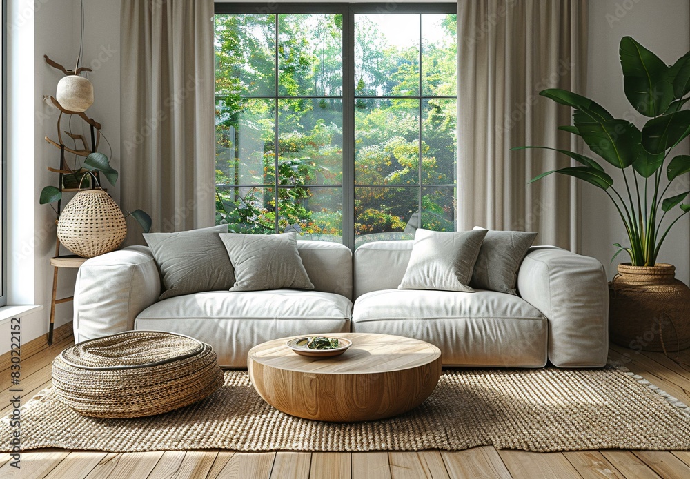 The living room features a large white couch with pillows, a round table, and a view of the outside through a window. The living room features a large white couch with pillows, a round table, and a view of the outside through a window.