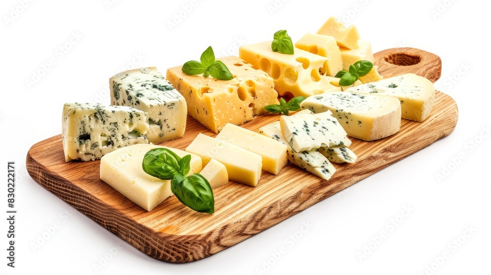 A wooden board with assorted cheeses and fresh basil on a white background.


