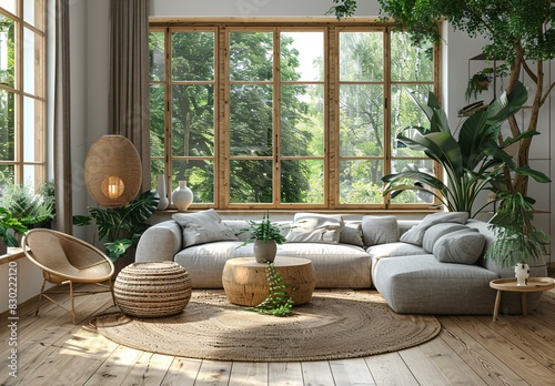 A cozy living room with a large window, a couch, and several potted plants. The room is well lit and inviting. © Gayan