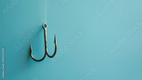 A white paper sheet with a fishing hook and line on a blue background.

 photo