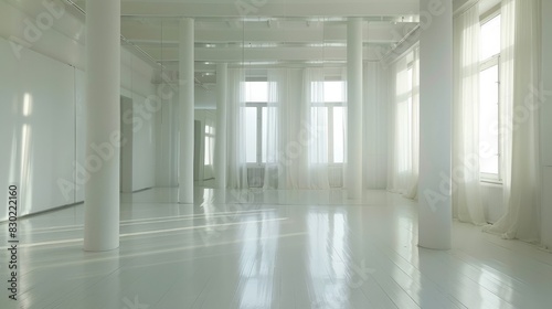 A bright  white room with a mirror and door  ideal for dance auditions.  