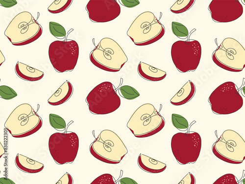 Fresh ripe red apples seamless pattern. Slices and whole Doodle drawn apple. Summer autumn harvest garden background. Healthy fruit. Pattern for packaging, wallpaper, cover design