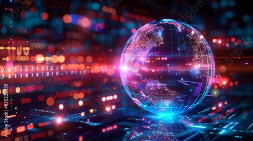 Futuristic Holographic Earth Globe with Neon Lights and Digital Data, Abstract Technology Background