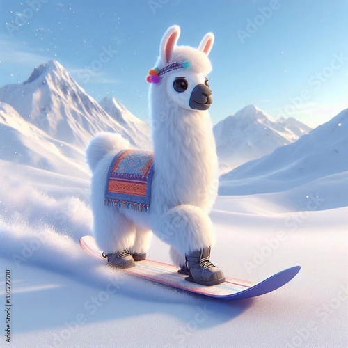 Lama auf einem Snowboard
