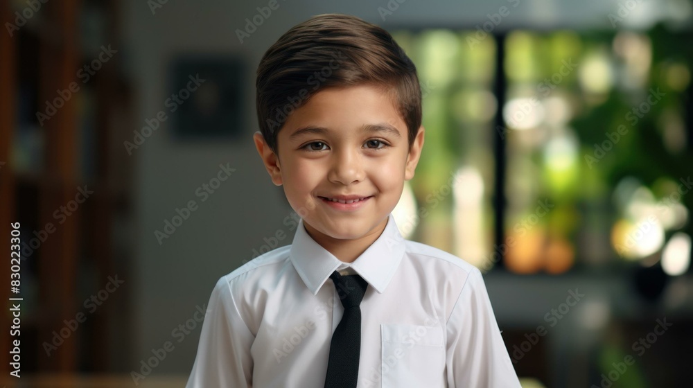 Smiling young boy in school uniform indoors Smiling young boy in school uniform indoors