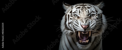 Close-up shot of a snarling white tiger on a black background