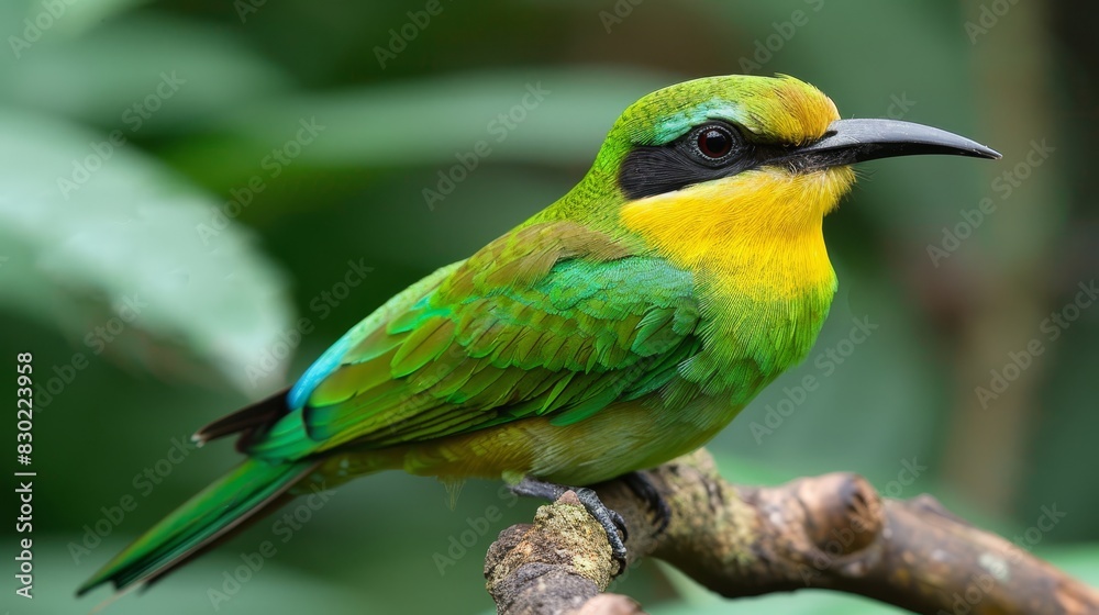  A green and yellow bird sits on a sharp, defined tree branch against a softly blurred backdrop of leaves The foreground features a similar yet distinct blur of leafy foliage