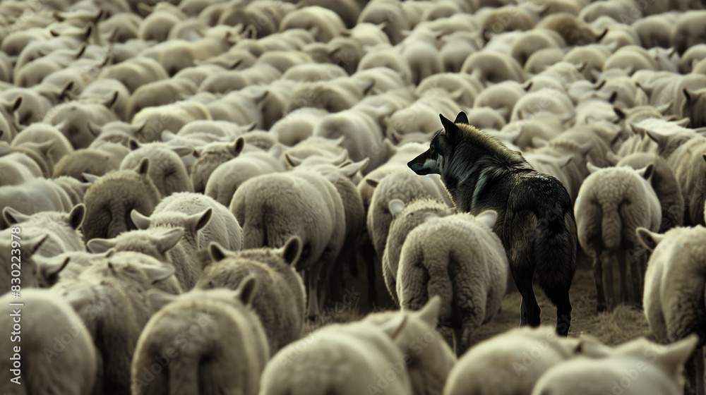 A lone wolf looms over a flock of sheep, all of which appear to be identical. His character is surrounded by a hazy mystery, and at the same time exudes strength and independence. A lone wolf looms over a flock of sheep, all of which appear to be identical. His character is surrounded by a hazy mystery, and at the same time exudes strength and independence.