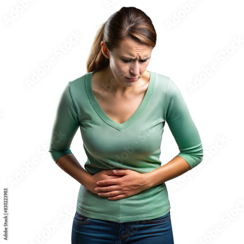 Young Woman in Green Shirt Experiencing Stomach Pain