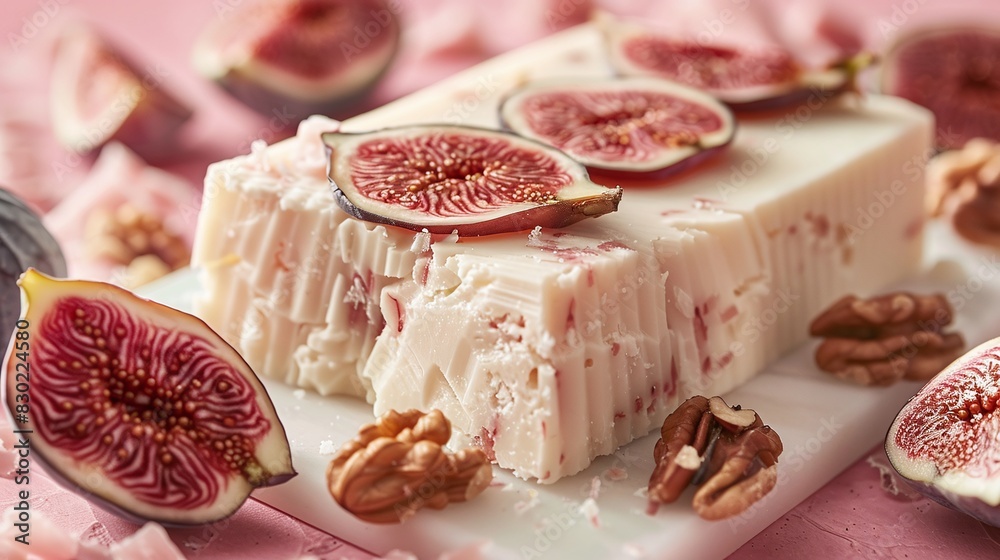 Assorted cheese with figs, pecans, and rosemary on a wooden board. Studio food photography. Gourmet appetizer and cheese platter concept. Assorted cheese with figs, pecans, and rosemary on a wooden board. Studio food photography. Gourmet appetizer and cheese platter concept.