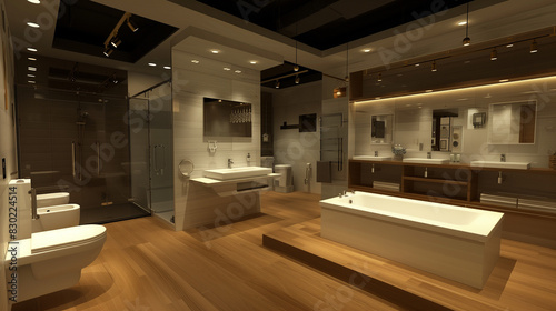 Elegant simplicity reigns supreme in a modern bathroom showroom. Minimalist washbasins  refined taps and stylish shower cabins look great under cool lighting.