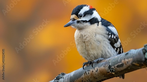  A black-and-white bird atop a tree branch against an orange and yellow backdrop Foreground features a blurred tree branch © Jevjenijs