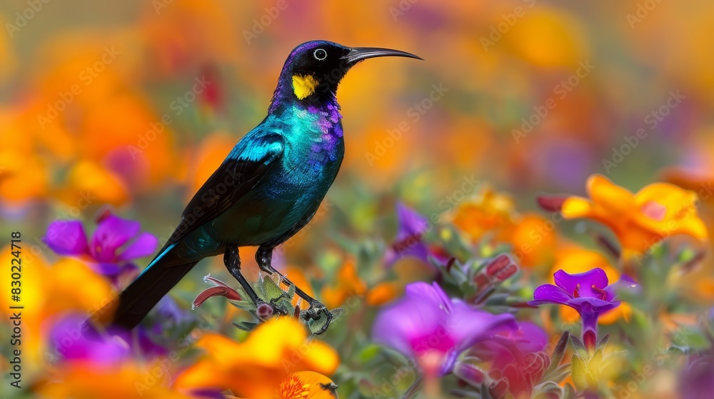  A bird perches on a branch amidst a field of purple, yellow, and pink flowers Background softly blurred with orange, pink, purple, and yellow blooms