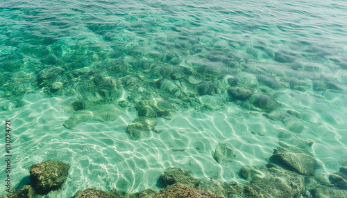 Beautiful turquoise blue ocean water surface with light reflections and highlights. Texture of water close-up macro. 